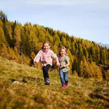 Zwei Kinder laufen lachend über eine herbstliche Almwiese im Gasteinertal, im Hintergrund leuchten goldgelbe Lärchen.