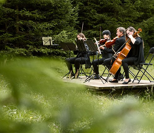 Gruppe von Musikern geben ein Klassik Konzert im Wald von Gastein