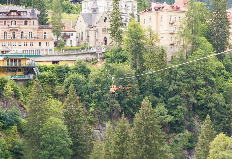 Flying Waters, ein Flying Fox über den Wasserfall in Bad Gastein. Ganzjährig geöffnet. 