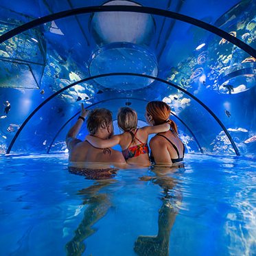 Familie mit Kindern im Aquariumtunnel im Kinderbereich der Alpentherme Gastein, umgeben von Fischen.
