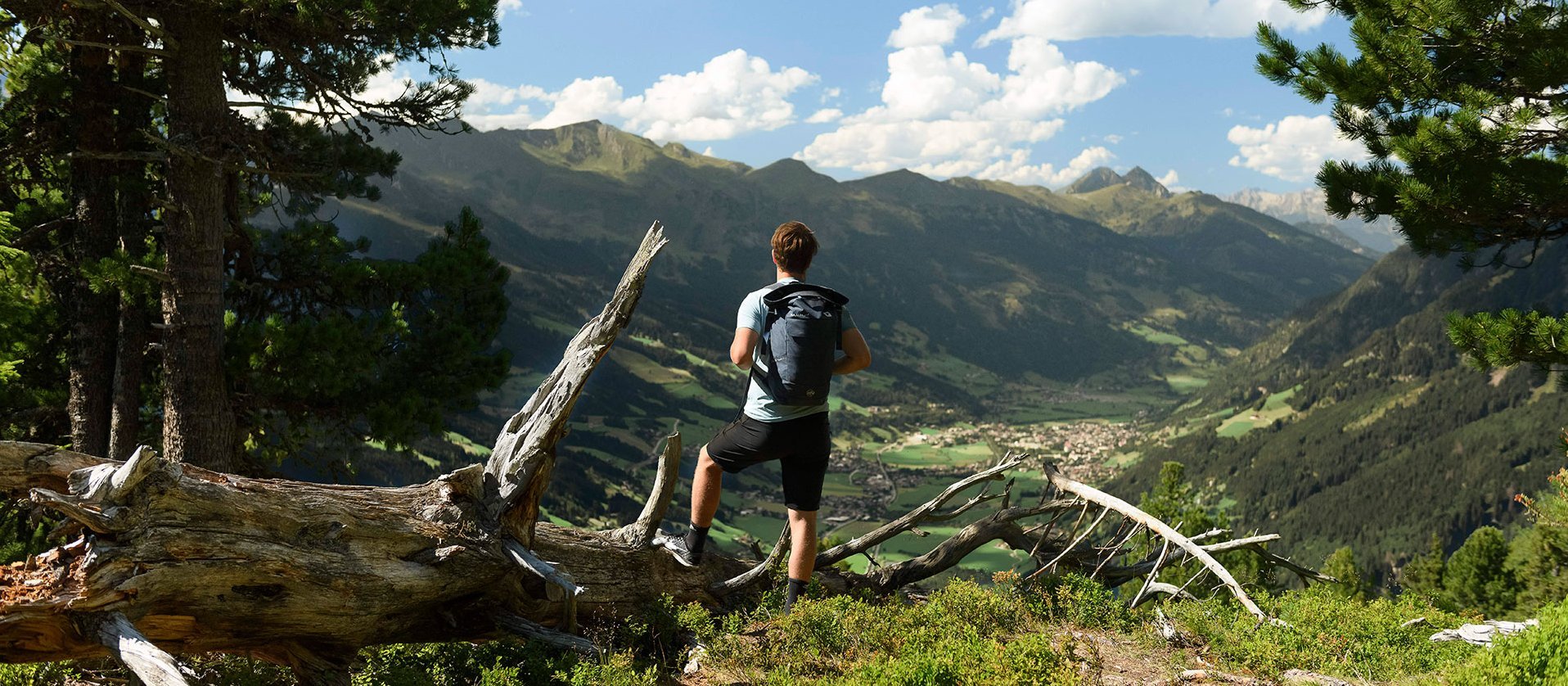 Eine Person wandert am Graukogel auf einem schmalen Bergpfad durch lichten Wald; im Hintergrund öffnet sich der Blick ins Tal und auf umliegende Gipfel unter blauem Himmel.