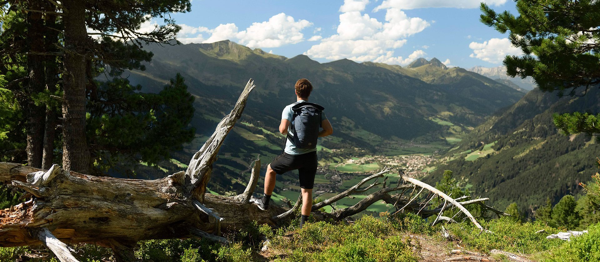 Eine Person wandert am Graukogel auf einem schmalen Bergpfad durch lichten Wald; im Hintergrund öffnet sich der Blick ins Tal und auf umliegende Gipfel unter blauem Himmel.