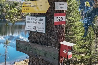 Wegweiser und Hinweisschilder befestigt an einem Baum am Ufer eines Sees in Gastein