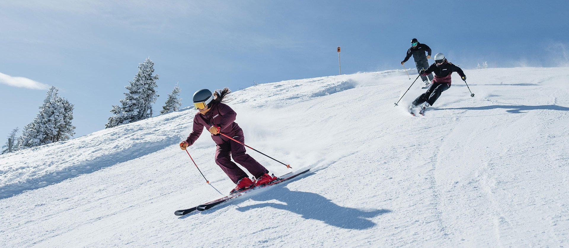 Zwei Skifahrer fahren bei sonnigem Wetter eine präparierte Piste hinunter und ziehen Schwünge im Schnee; im Hintergrund sind verschneite Hänge und vereinzelte Bäume zu sehen.