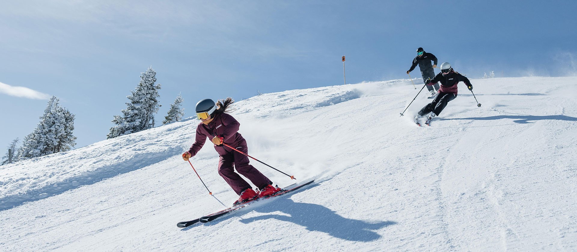Zwei Skifahrer fahren bei sonnigem Wetter eine präparierte Piste hinunter und ziehen Schwünge im Schnee; im Hintergrund sind verschneite Hänge und vereinzelte Bäume zu sehen.