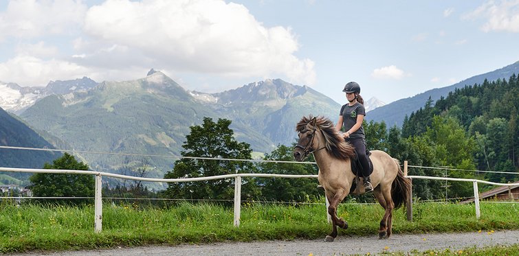 Reiterin auf einem Pferd reiten durch eine Wiese vor Bergkulisse im Gasteinertal.