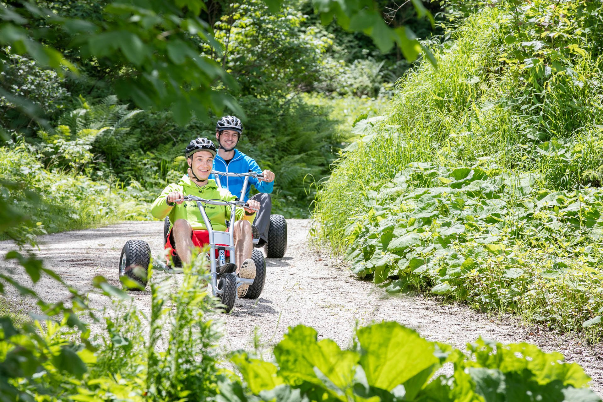 Mountaincarts fahren durch den Wald